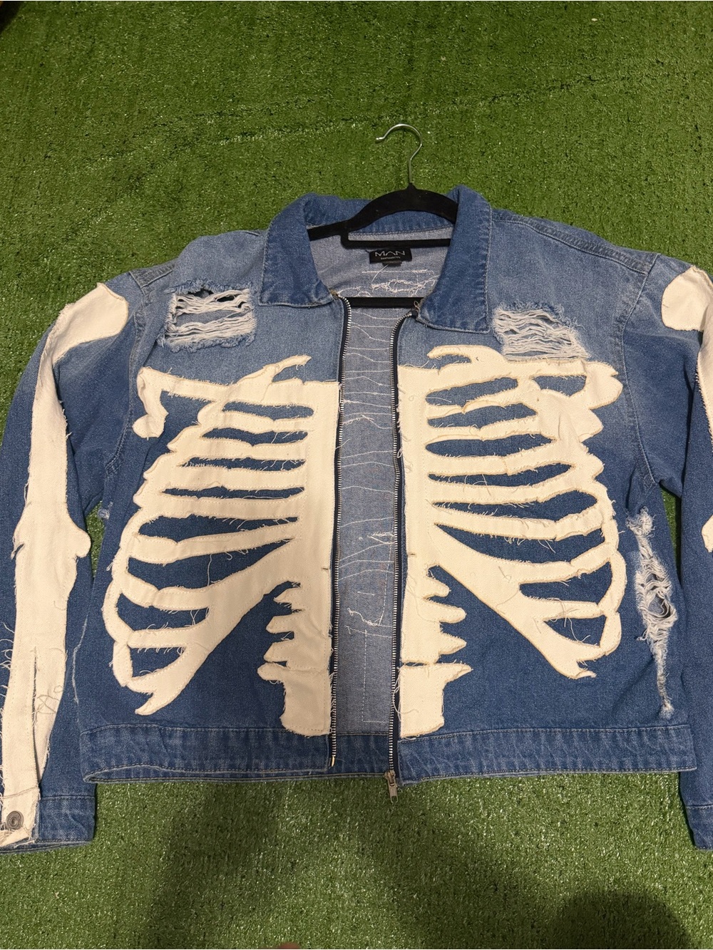 Men's Distressed Blue Denim Jacket with White Skeleton Motif
